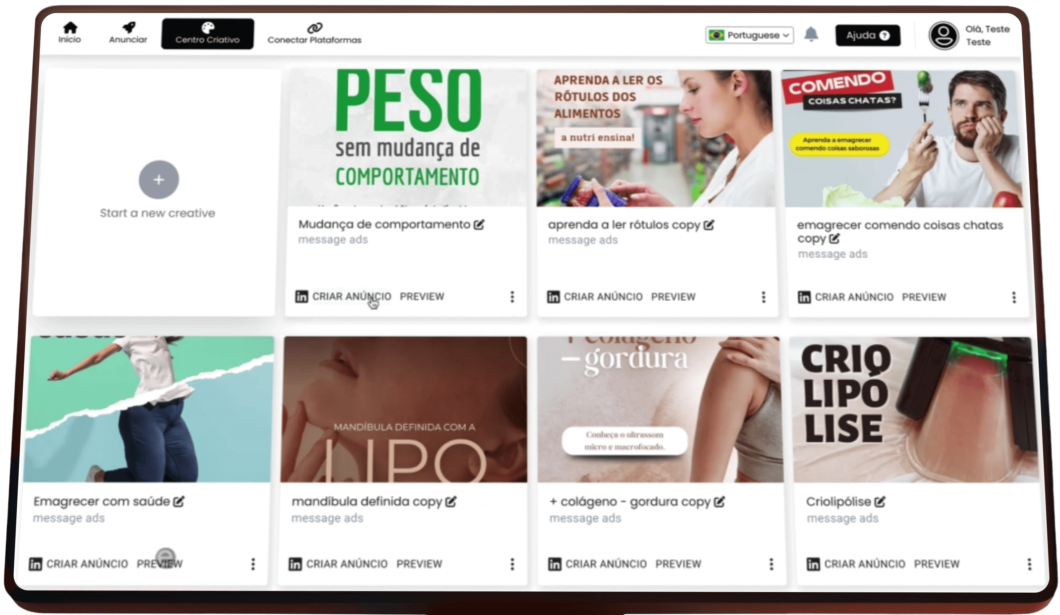 Interface da plataforma com múltiplas opções de anúncios